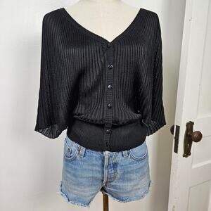 Kenar Ribbed Batwing Sweater Knit Top M Black Half Sleeve Dolman Button Front‎